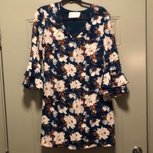 Blue floral shift dress with ruffled bell sleeves